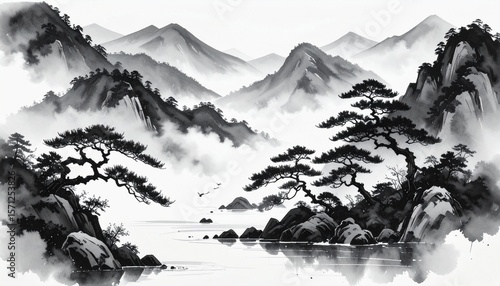 Wallpaper Mural Traditional Ink Painting of Misty Mountain Valleys and Waterfalls Torontodigital.ca