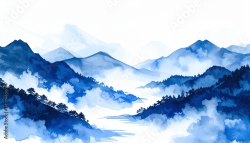 Wallpaper Mural Blue Ink Landscape of Misty Mountain Ranges Torontodigital.ca