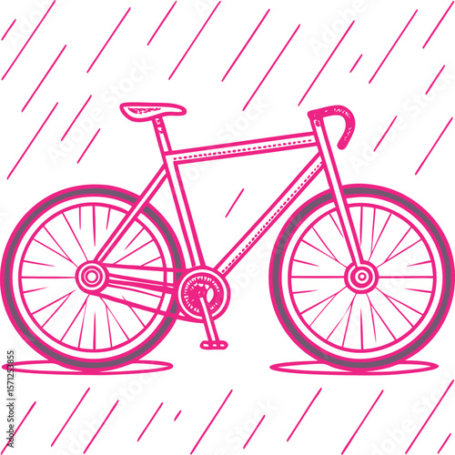 Pink bicycle with rain streaks spokes