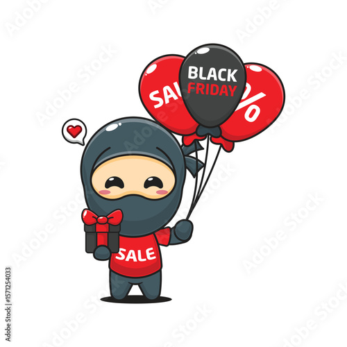 cute ninja with gifts and balloons in black friday sale cartoon vector illustration