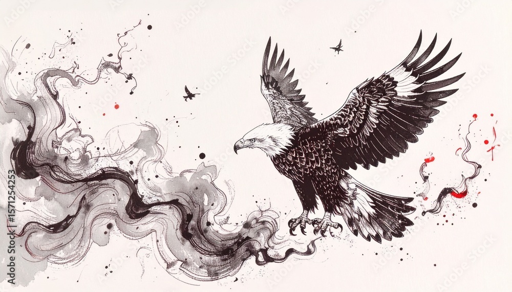 Fototapeta premium Eagle Emerging from Smoke in Traditional Japanese Ink Style