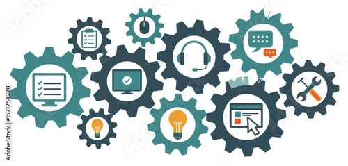 Interconnected gears symbolizing business processes technology and problem solving