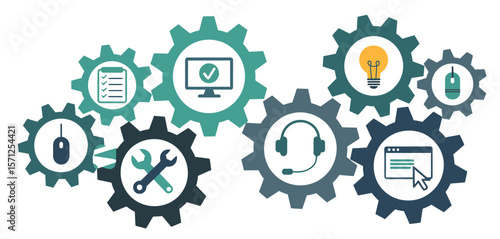 Interconnected gears with icons representing technology support and business processes