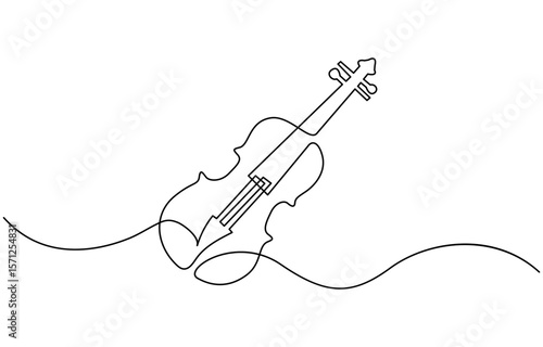  continuous one line drawing. Classic violin music instrument single line art illustration, for orchestra and concert banner in simple linear style. Editable stroke.