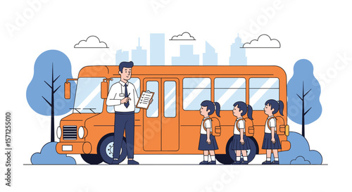 School bus driver checks students before boarding for a safe educational journey