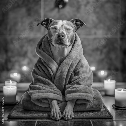 Relaxed dog in bathrobe meditating surrounded by candles  