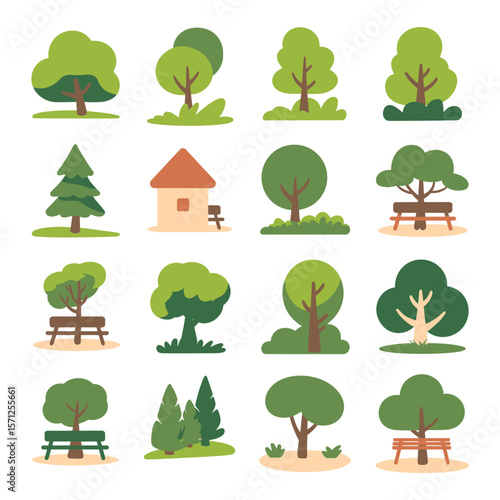 Collection of stylized cartoon trees and park elements in a grid layout
