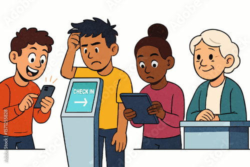 Cartoon group using a check-in kiosk with smartphones and tablets, showing diverse emotions, symbolizing technology, public services, and check-in process. Perfect for travel, airport, and digital ass