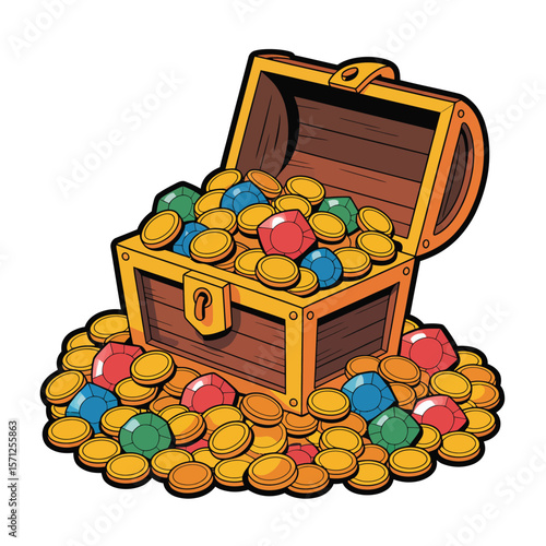 Wooden treasure chest overflowing with gold coins and colorful gemstones