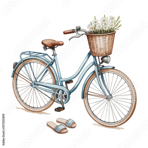 Vintage blue bicycle with a wicker basket full of daisies and sandals