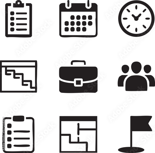 Business and project management icons planning schedules and goals icon set