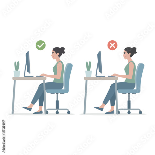 Correct and incorrect posture for sitting at a computer desk