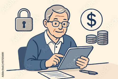 Cartoon senior man using a tablet with dollar signs and a lock icon, surrounded by documents, symbolizing online banking, financial security, and retirement planning. Ideal for finance, cybersecurity,