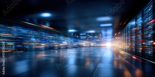 Data center server room with glowing blue lights and futuristic technology in wide shot showing speed and motion blur