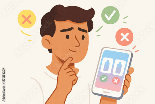 Cartoon man holding a smartphone with check and cross icons, deciding between options, symbolizing decision-making, online shopping, and choices. Perfect for e-commerce, consumer behavior, and app int