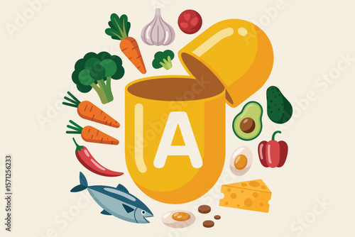 Vitamin a capsule surrounded by healthy foods rich in vitamin a