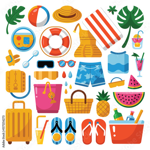 Vibrant collection of summer beach vacation essentials and activities
