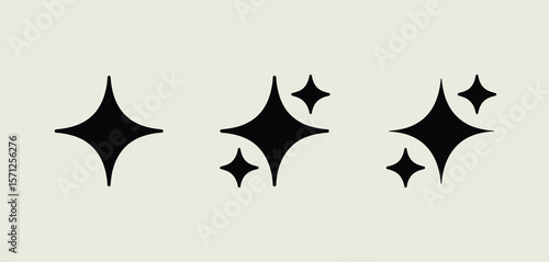 Minimalist black four pointed star sparkle icons on a light beige background