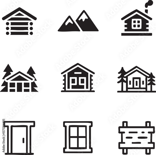 Collection of black and white cabin home icon set representing mountain vacation and nature getaways with door window and sign