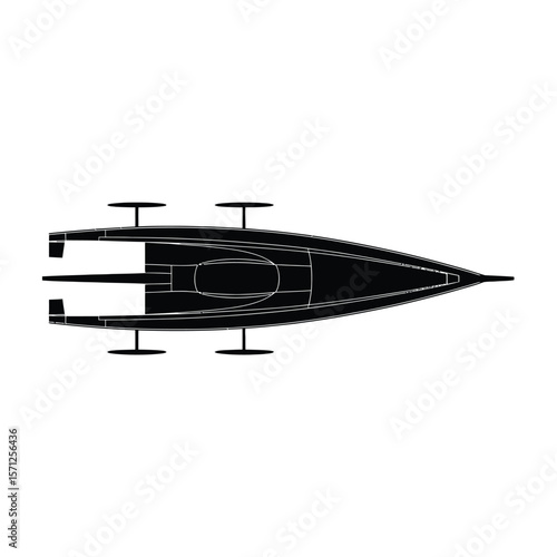 Top view silhouette of a modern racing sailboat with a sleek hull and foils