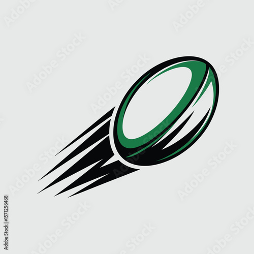 Green and black rugby ball in motion with speed lines on a light grey background