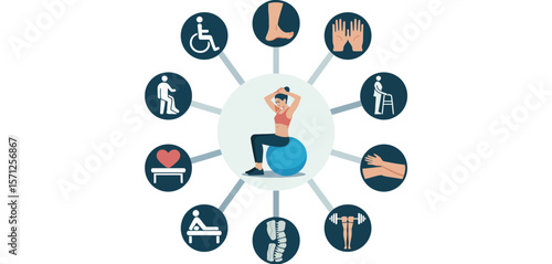 Woman on exercise ball surrounded by icons representing physical therapy and rehabilitation services