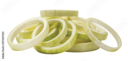 Freshly sliced white onion rings stacked on a white background