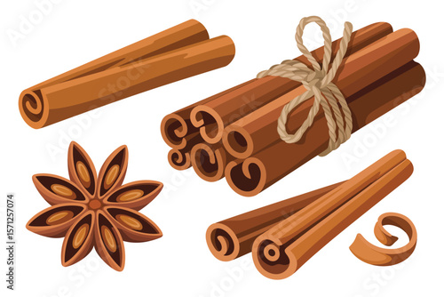 Aromatic cinnamon sticks and star anise spice arrangement on white background