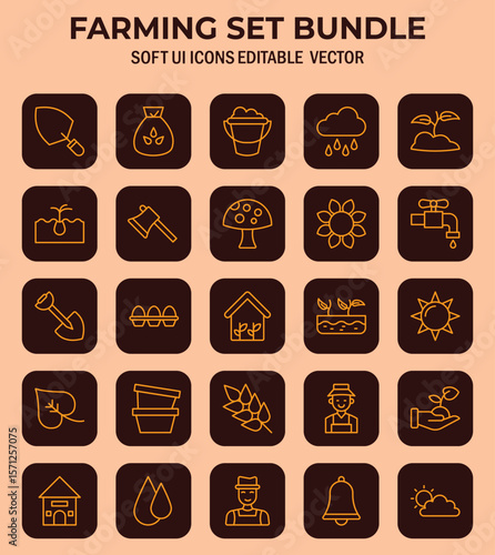 Agricultural themed icon collection representing farming activities and gardening practices with minimalistic design