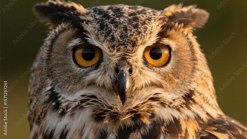 Fototapeta premium Close-up of a great horned owl's intense gaze, showcasing its detailed feathers and bright yellow eyes in natural light.
