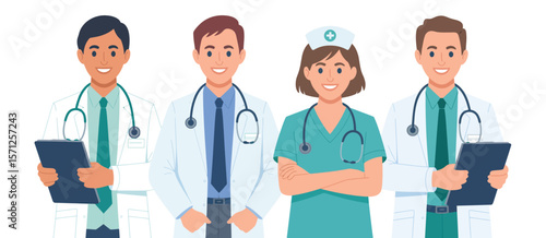 Diverse medical team of doctors and nurse with stethoscopes and clipboards