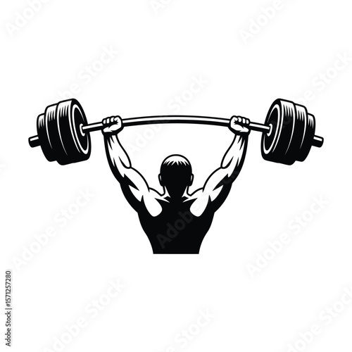 Muscular bodybuilder lifting a heavy barbell overhead in a powerful display of strength