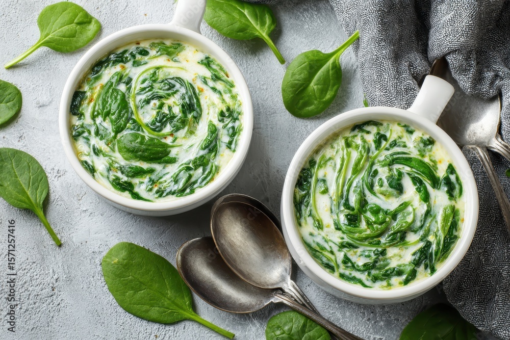 Obraz premium Light table featuring spinach cream and soup in ramekins viewed from above