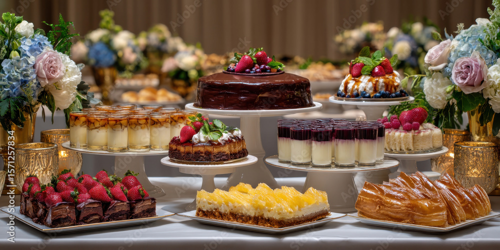 Chocolate cake dessert buffet with strawberry toppings and assorted pastries on white table with floral decor Chocolate cake dessert buffet with strawberry toppings and assorted pastries on white table with floral decor