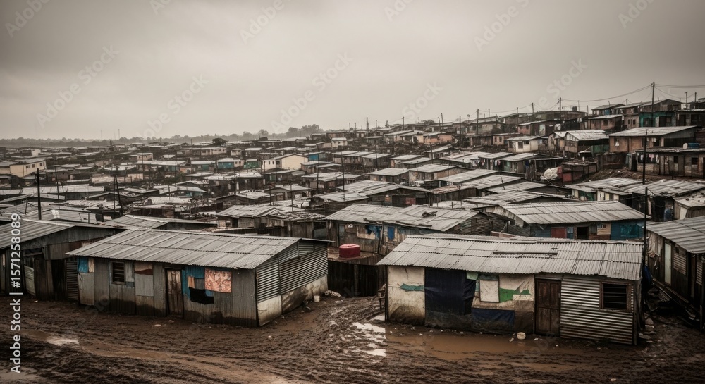 Fototapeta premium Overhead View of Urban Slums Showing Informal Housing in Rainy Weather