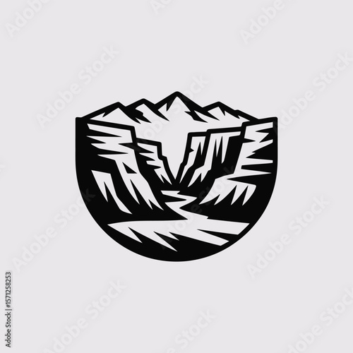 Stylized black and white mountain landscape with a winding river through a canyon