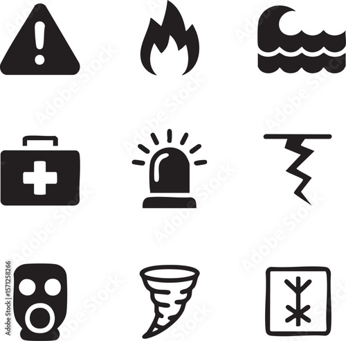 Natural disaster and emergency alert icon set representing fire flood earthquake tornado and first aid