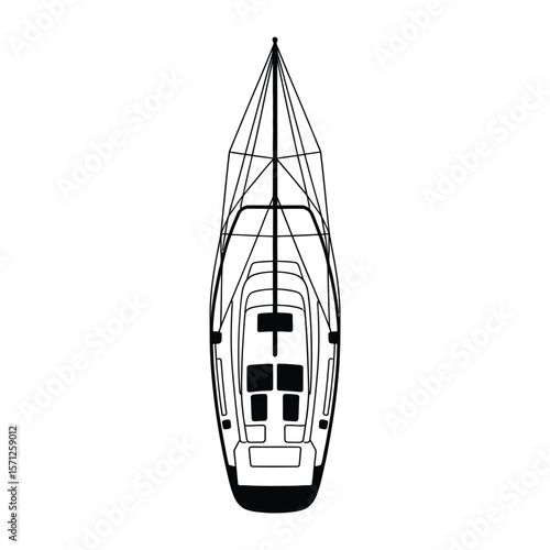 Top view illustration of a modern sailboat with a detailed deck layout