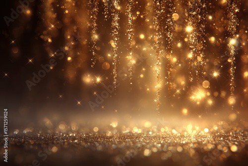 A cascade of glittering gold descends upon a surface, creating a magical bokeh dreamscape filled