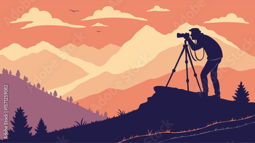 Landscape photography silhouette of photographer capturing mountain views at sunset or sunrise scene 100