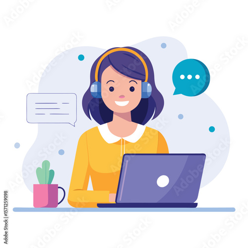 Customer service representative assisting clients with headset and laptop computer.