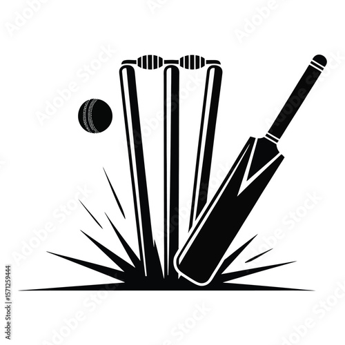 Cricket bat and ball hitting wickets with dynamic impact lines