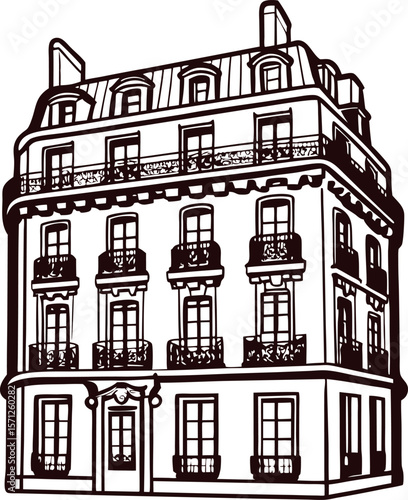 Elegant vintage parisian apartment building with decorative balconies and mansard roof, detailed line illustration
