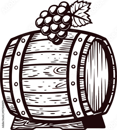 Vintage engraved wooden barrel with grape bunch hand drawn winery illustration isolated on white background
