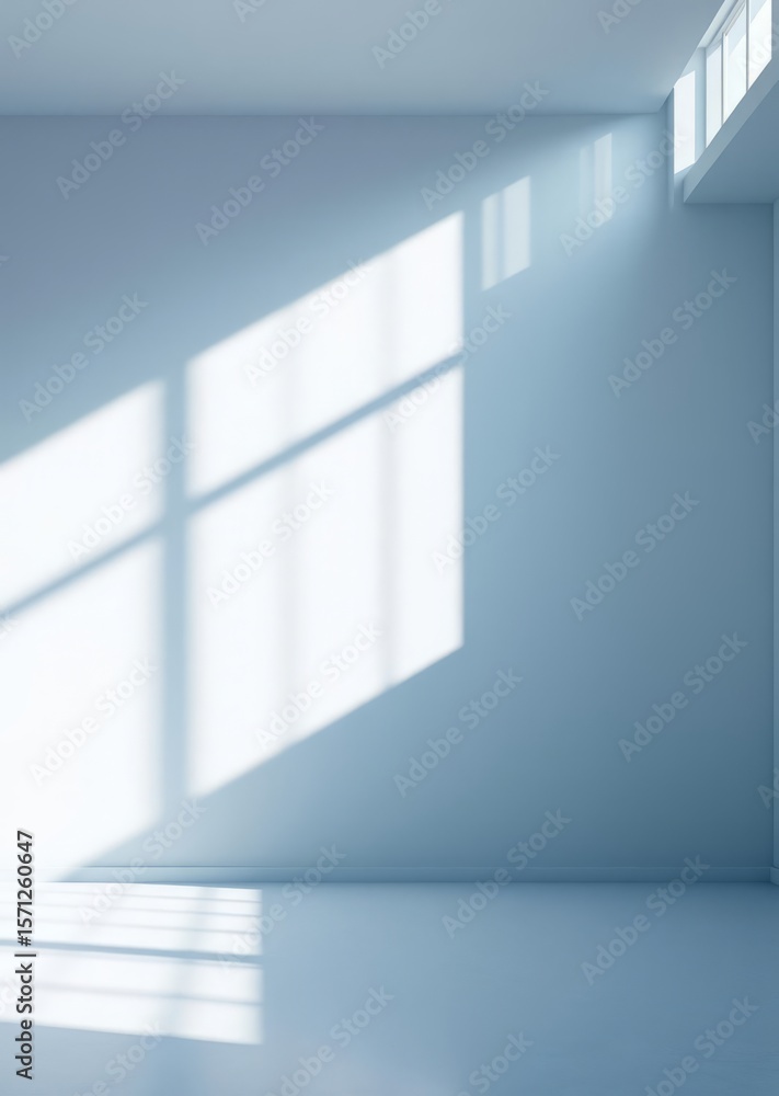 Fototapeta premium Shadow and light from windows on plaster wall minimal abstract light blue background for product presentation Empty room interior design architecture blank design room