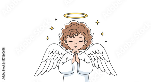 A cute cartoon angel praying with wings and halo twinkling stars overhead