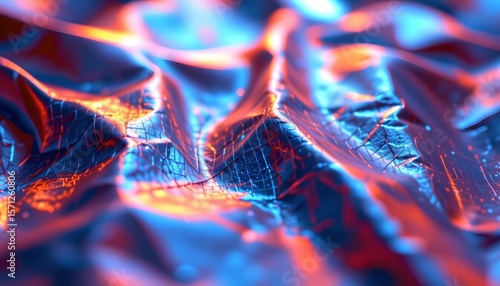 the image shows an abstract and iridescent surface, the main subject is a textured material that seems to be catching and refracting light