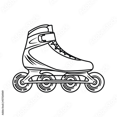 Line art illustration of a roller skate with four wheels and laces