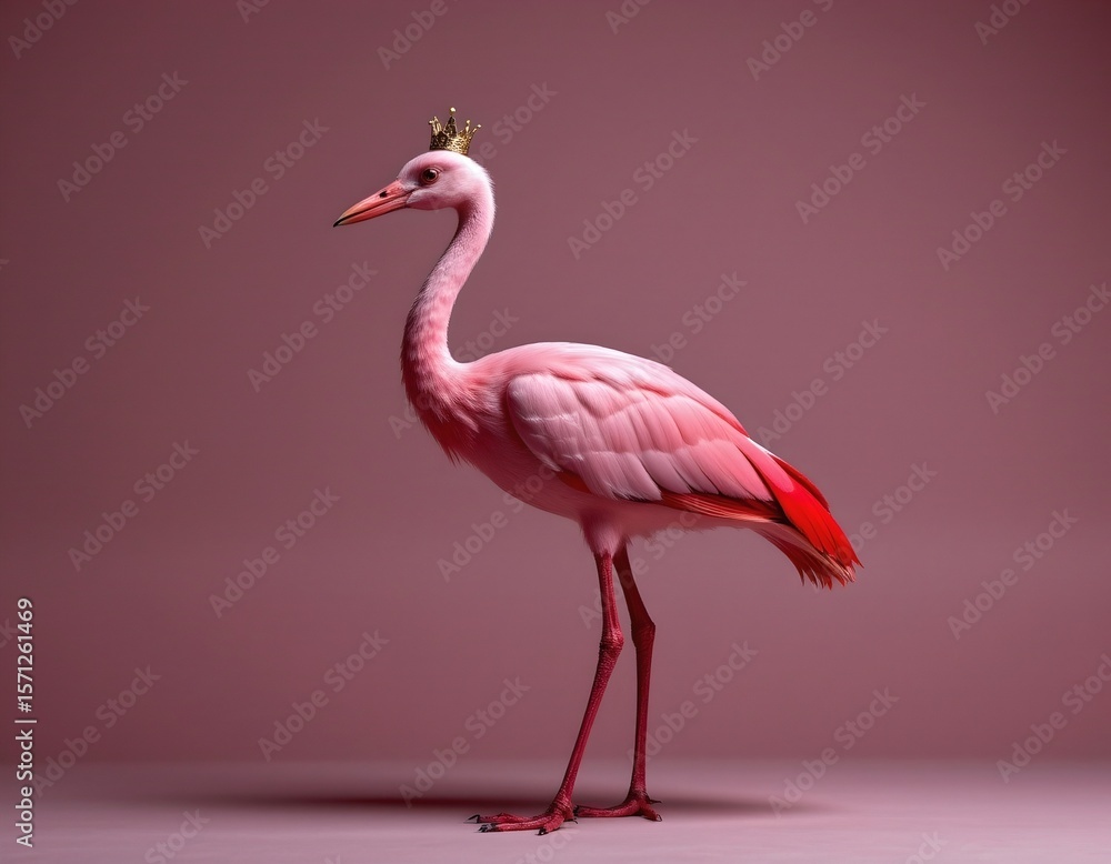 Fototapeta premium the image features a bird with long legs and neck, it is primarily pink, with deeper reds on the edges of its feathers, on its head sits a sparkling ornament