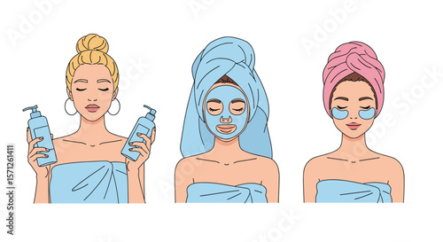 Women enjoying skincare routines at home with beauty products and face masks